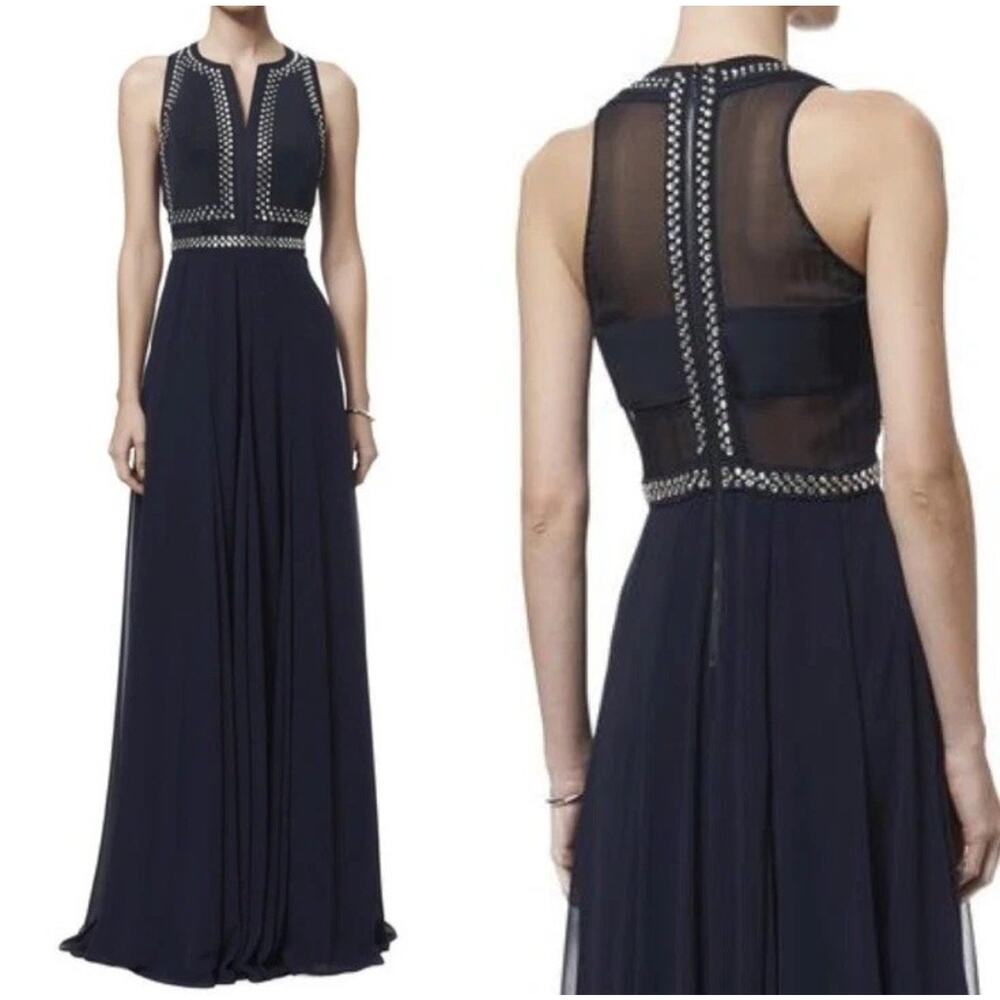 Rebecca Taylor 100% Silk Chiffon Dress Rhinestone Detail Long Gown Navy Blue